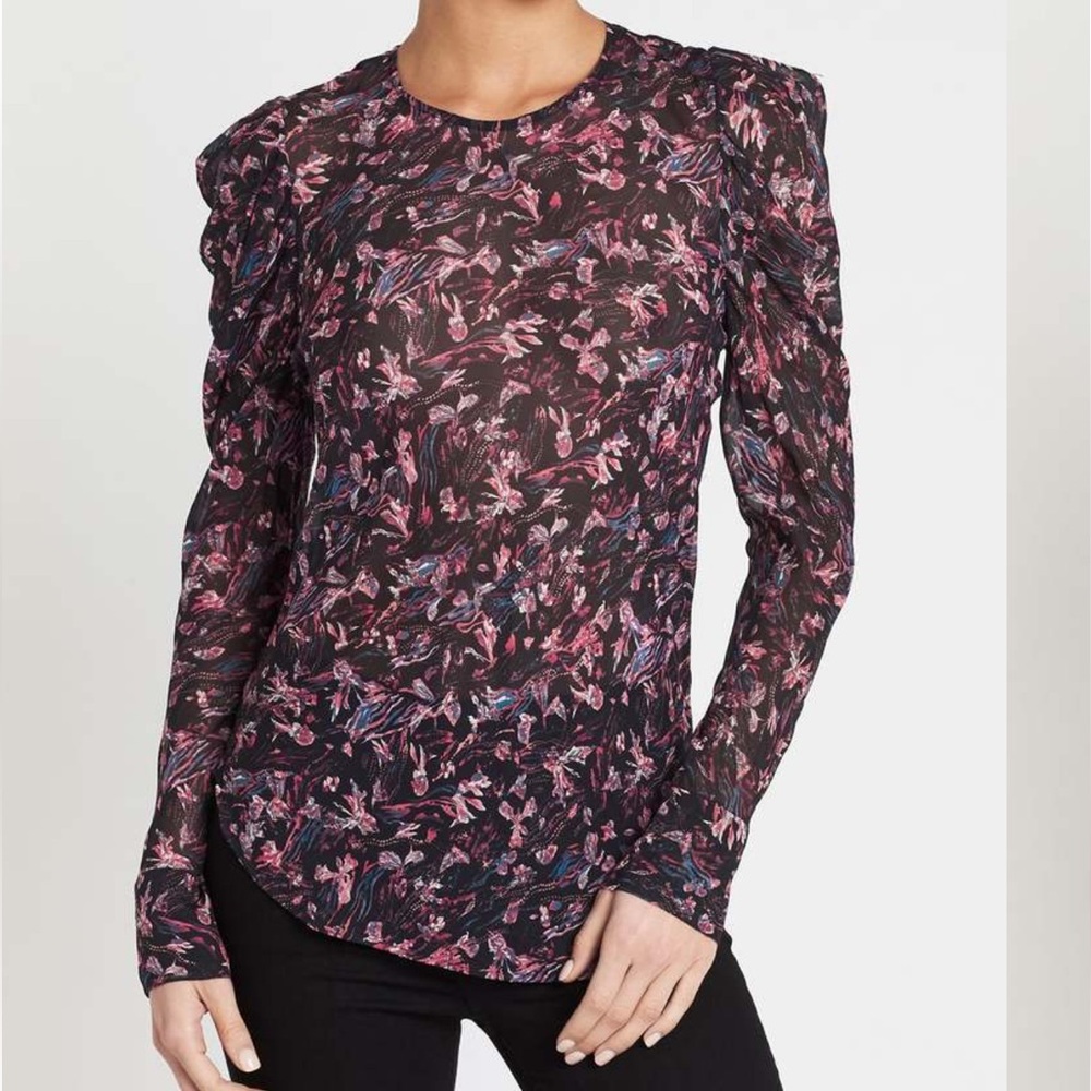 IRO Lou Top in Black Floral Red Long Sleeve Sheer Puff Sleeve Size‎ 6 Medium M